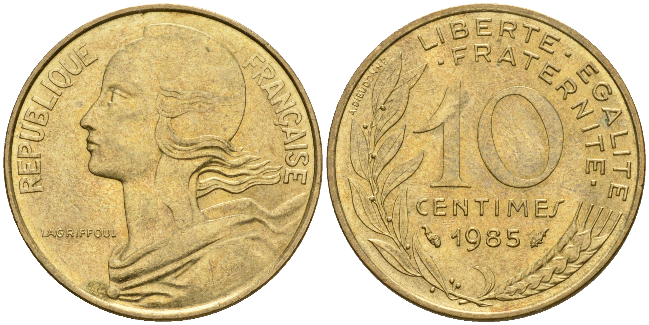 Франция 10 сантимов 1985 тип Марианна KM 929, LE FRANC 144.25 медь алюминий никель 4364-434