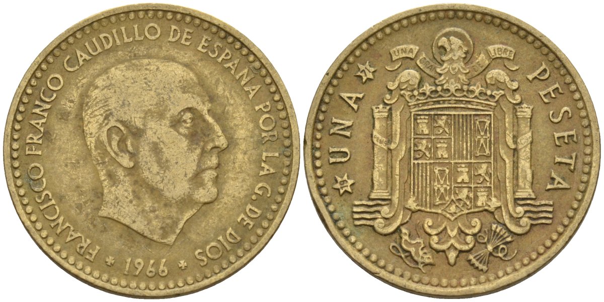 Испания 1 песета 1966 (71) Франсиско Франко (1939 - 1975) KM 796 алюминиевая бронза 4155-356