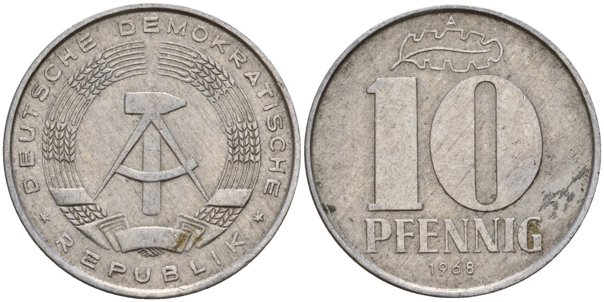 ГДР 10 пфеннигов 1968 A KM 10 алюминий 34-411