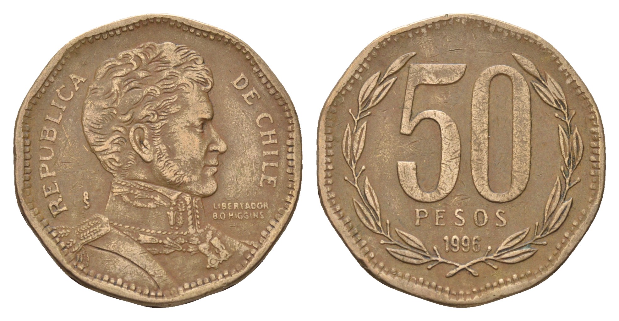 Чили 50 песо 1996 Бернардо О’Хиггинс KM 219.2 алюминиевая бронза 36-455