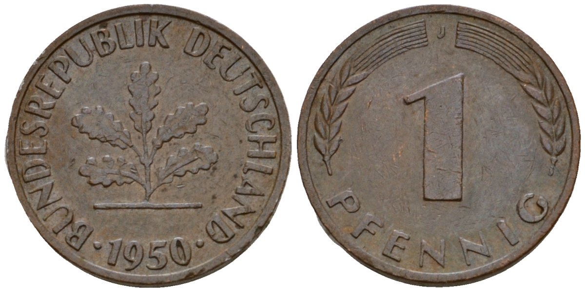 ФРГ 1 пфенниг 1950 J KM 105, J.380 сталь плакированная медью 4602-265