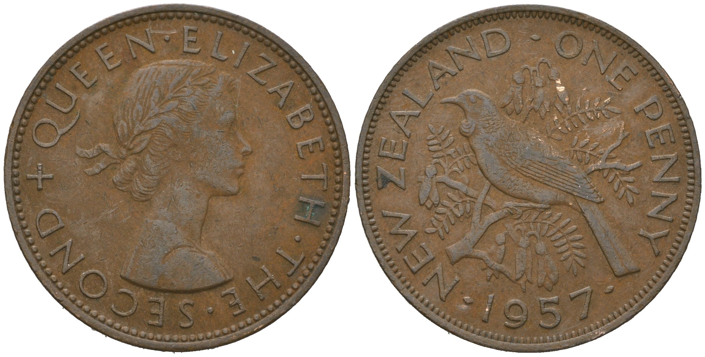 Новая Зеландия 1 пенни 1957 птица туи, Елизавета II (1952-2022) KM 24.2 бронза 4149-225