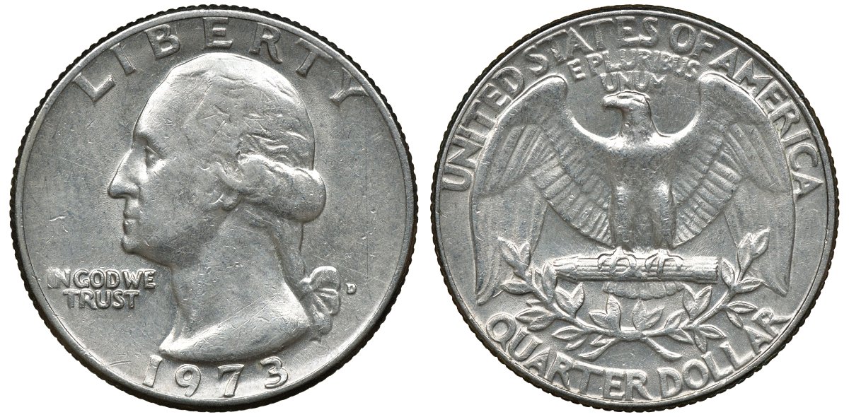 США 25 центов (квотер) 1973 D, Вашингтон KM 164а медь покрытая медно-никелем 72-543