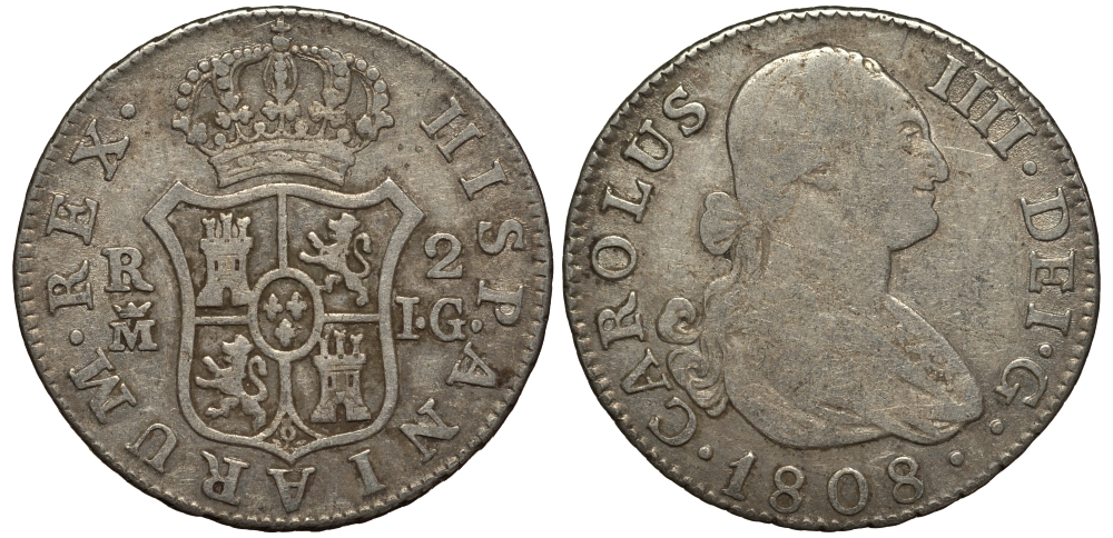 Испания 2 реала 1808 M IG, мондвор (Мадрид), Карлос IIII (1788-1808) KM 430.1 ( C69.1) серебро 650-842