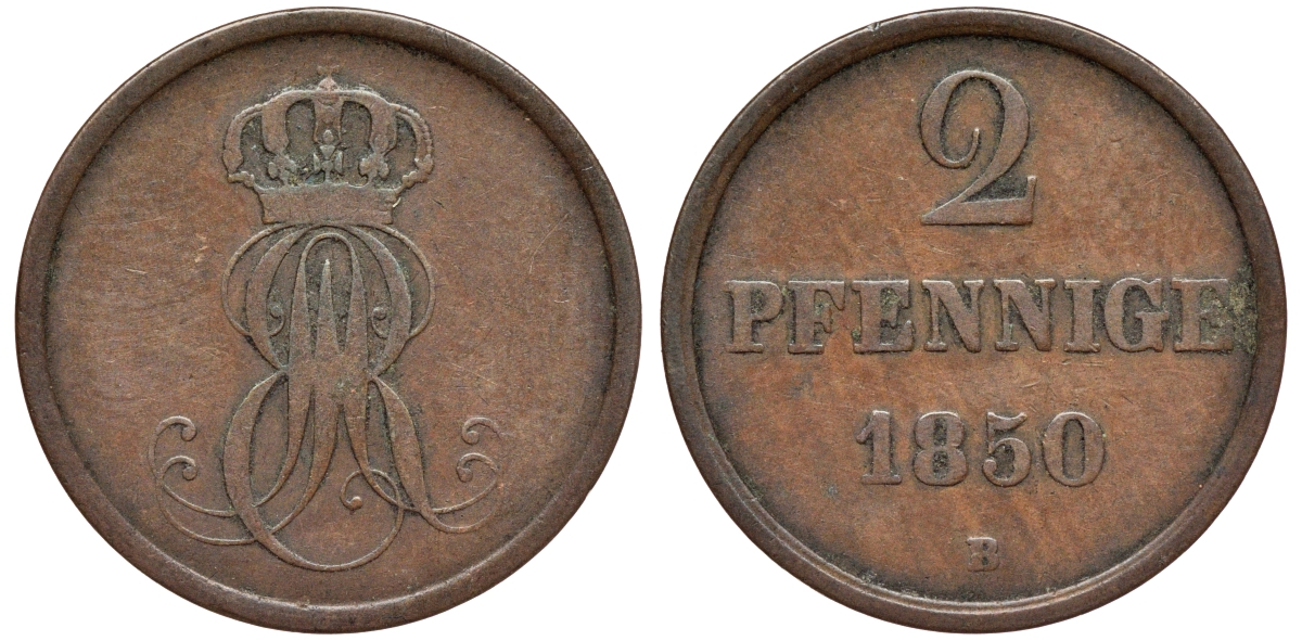 Ганновер 2 пфеннига 1850 B, Эрнст Август (1837-1851) KM 202.1, AKS 124, J. 75 медь 75-1935