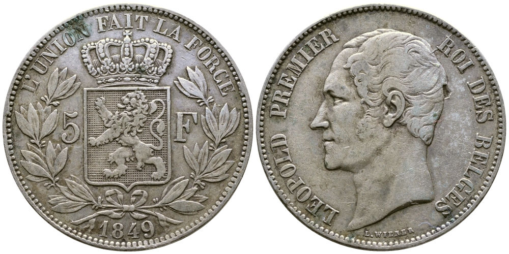 Бельгия 5 франков 1849 Леопольд I (1831-1865) KM 17 серебро 74-1111