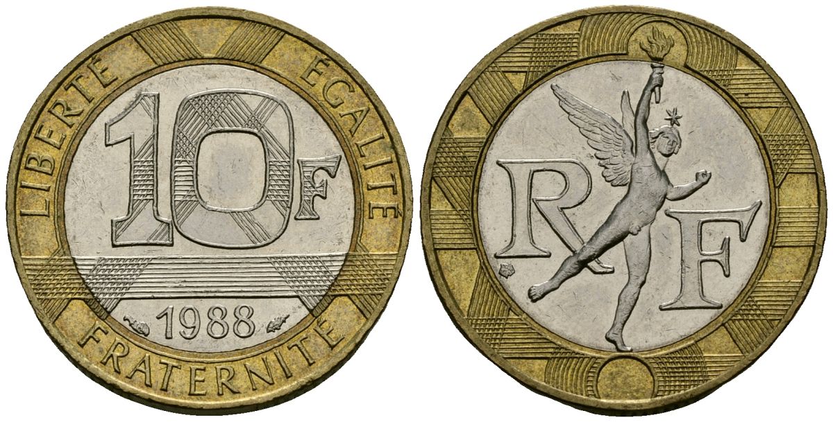 Франция 10 франков 1988 тип гений Бастилии KM 964.1, Le Franc 375.2 биметалл 4135-531