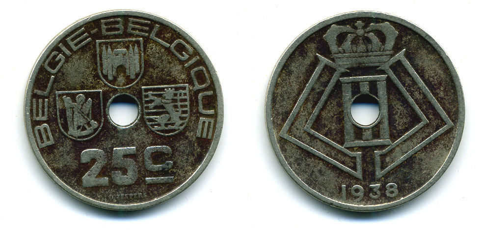 БЕЛЬГИЯ 25 САНТИМОВ 1938 BELGIE-BELGIQUE, ГЕРМАНСКАЯ ОККУПАЦИЯ, ВТОРАЯ МИРОВАЯ ВОЙНА KM 115.1 никель латунь 86-1833