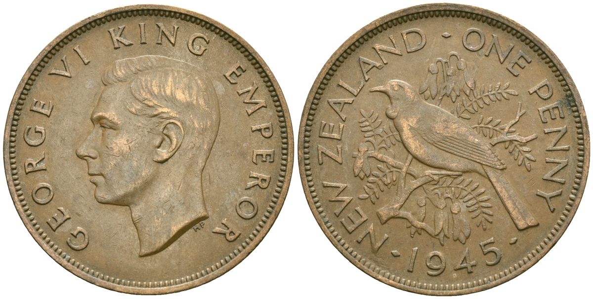 Новая Зеландия 1 пенни 1945 Георг VI (1936-1952), новозеландский туи KM 13 бронза 4165-1243