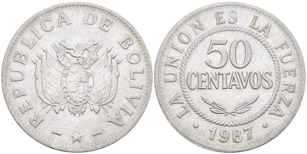 Боливия 50 сентаво 1987 KM 204 нержавеющая сталь 4513-751