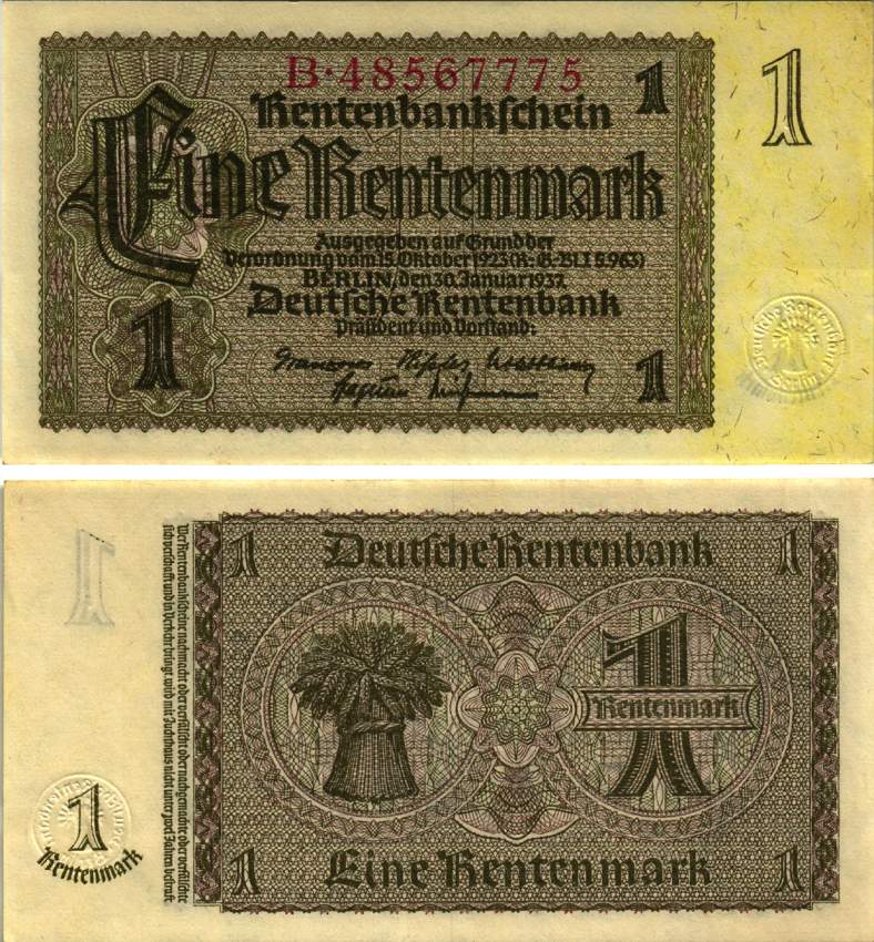 ГЕРМАНИЯ 1 РЕНТЕНМАРКА 1937 30 ЯНВАРЯ 1937, ВЕЙМАРСКАЯ РЕСПУБЛИКА, ВОСЕМЬ ЦИФР В НОМЕРЕ СЕРИИ, СЕРИЯ B Pick 173b, Rosenberg 166b бумага аUNC 8616-8-3-1