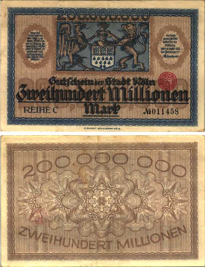 КЁЛЬН 200000000 МАРОК 1923 НОТГЕЛЬД, 14 СЕНТЯБРЯ 1923, REIHE C, ЗЕМЛЯ СЕВЕРНЫЙ РЕЙН-ВЕСТФАЛИЯ Keller 2684z бумага 6300-33-3-2