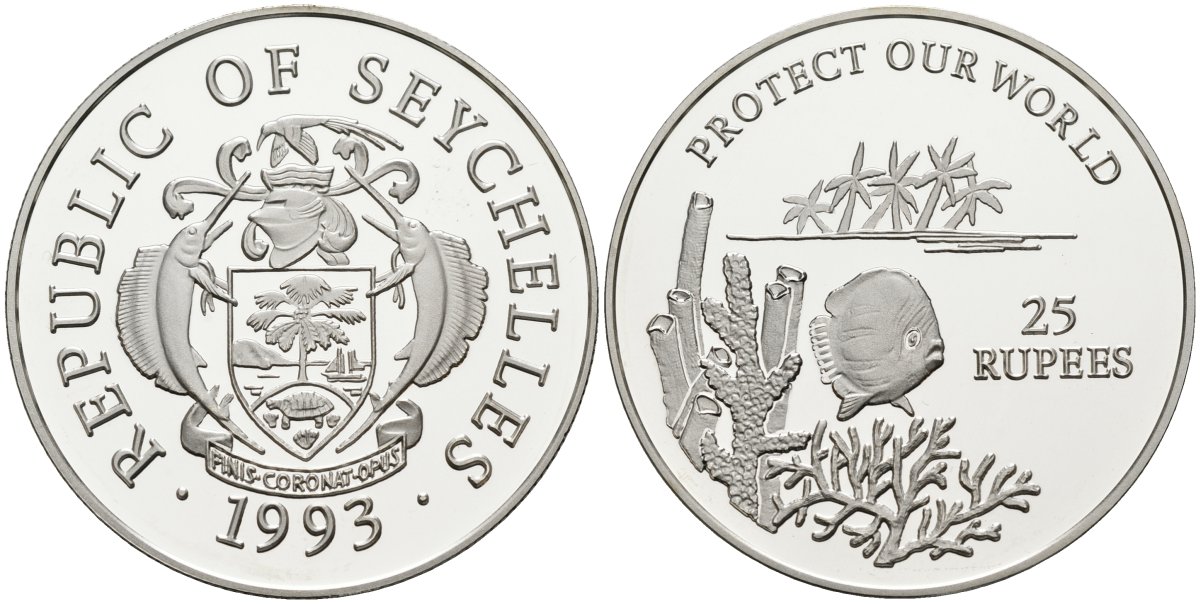 Сейшельские острова 25 рупий 1993 серия защитите наш мир, кораловая рыбка, тираж 10000 экз. KM 71 серебро PROOF 1078-4-11