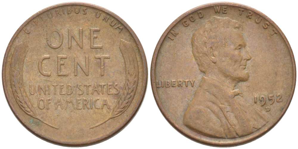 США 1 ЦЕНТ 1952 D, ЛИНКОЛЬН KM А132 медь цинк 3309-942