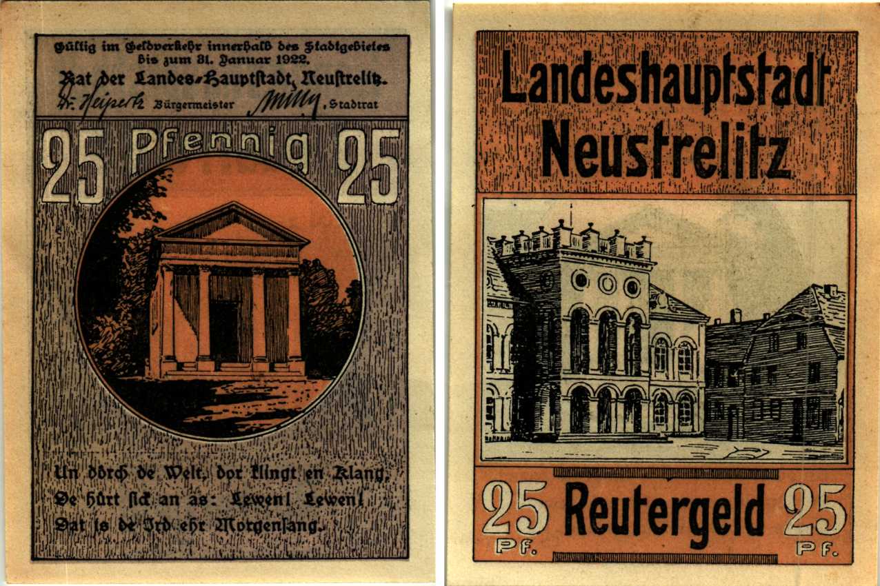 НОЙШТРЕЛИЦ 25 ПФЕННИГОВ 1922 НОТГЕЛЬД, 1922 - 31 ЯНВАРЯ 1922, ЗЕМЛЯ МЕКЛЕНБУРГ-ПЕРДНЯЯ ПОМЕРАНИЯ Grabowski 969.1 бумага 7548-117-1-3