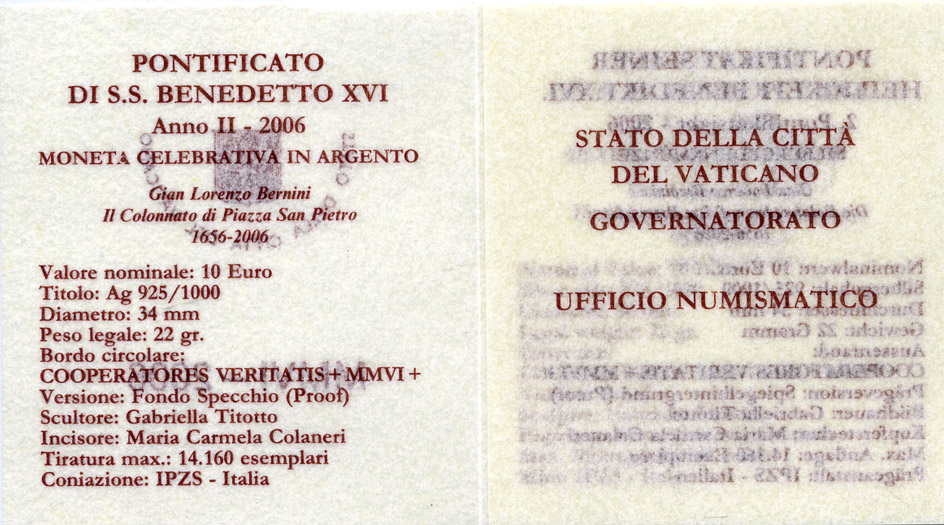 Ватикан 10 евро 2006 Бенедикт XVI, Джованни Лоренцо Бернини, колоннада собора Святого Петра, в оригинальной коробке, с сертификатом KM 384 серебро PROOF 7-1-44