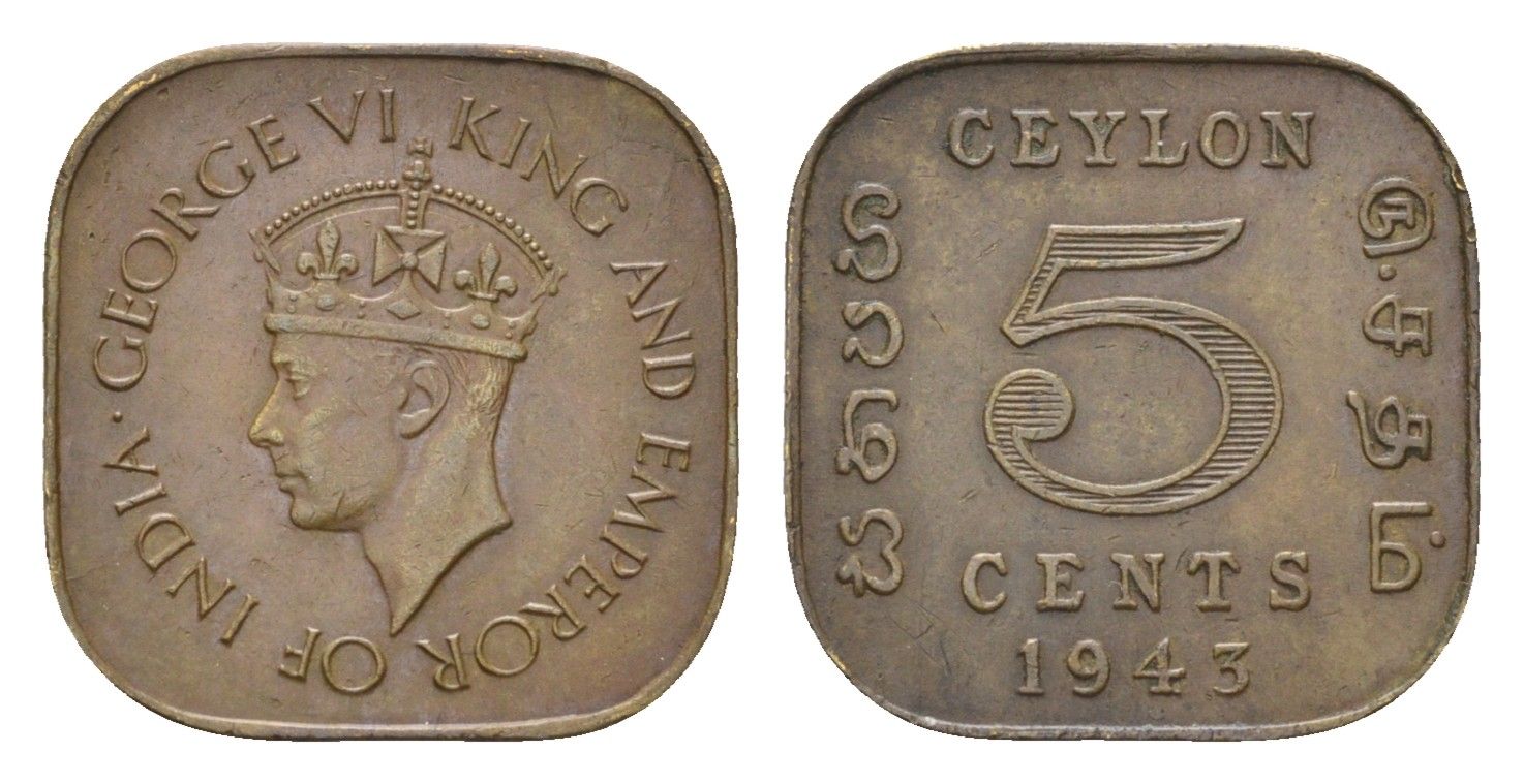 Цейлон 5 центов 1943 Георг VI (1936-1952) KM 113.1 никель латунь 4528-864