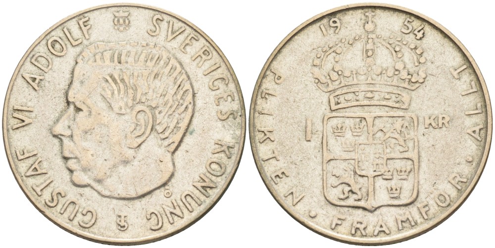 Швеция 1 крона 1954 TS, Густав VI Адольф (1950-1973) KM 826 серебро 3851-954