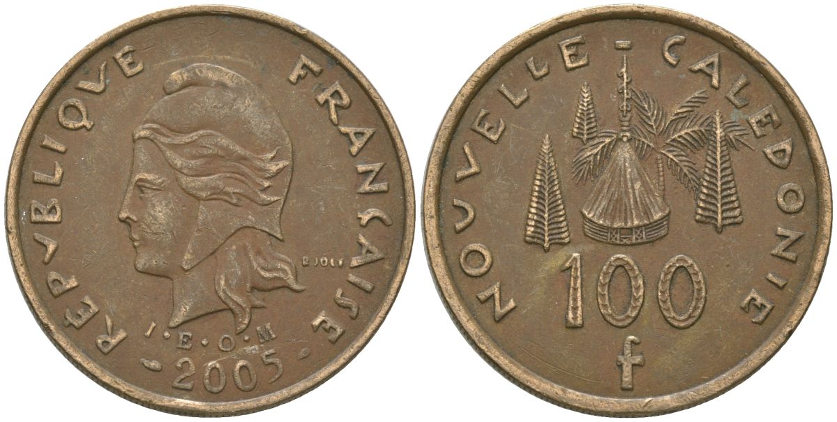 Французская Новая Каледония 100 франков 2005 хижина среди сосен и пальм, (IEOM) KM 15, Schoen 16, Lec 139i никель бронза 111-425