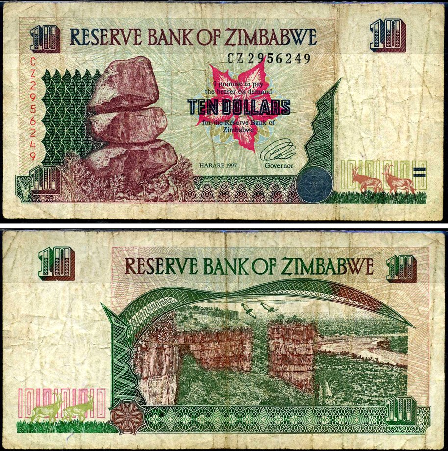 Зимбабве 10 долларов 1997 Гонарежу, национальный парк Pick 6 a бумага 7548-3-2-2