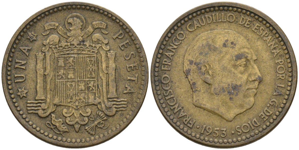 Испания 1 песета 1953 (61) Франсиско Франко (1939-1975) KM 775 алюминиевая бронза 3336-543