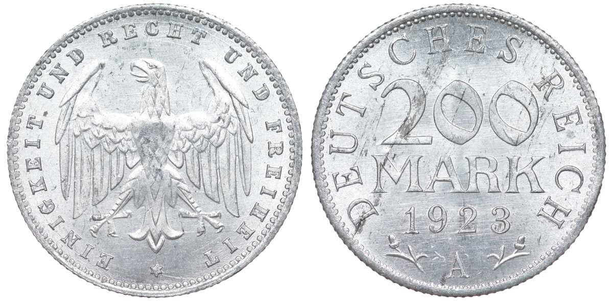 Германия 200 марок 1923 A KM 35, J. 304, Weege 22 алюминий 4604-551