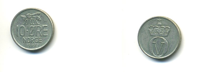 Норвегия 10 эре 1973 пчела, Улаф V (1958-1991) KM 411 медно-никель 56-814