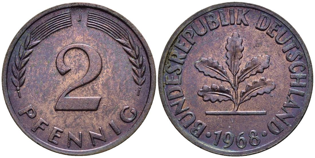 ФРГ 2 пфеннига 1968 G KM 106a, J.381a сталь плакированная медью 4546-951