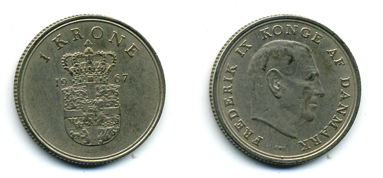 ДАНИЯ 1 КРОНА 1967 C; S, ФРЕДЕРИК IX (1947-1972) KM 851.1 медно-никель 56-453