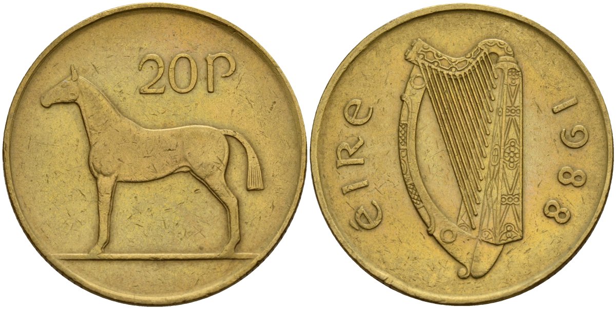 Ирландия 20 пенсов 1988 лошадь KM 25 никель бронза 4140-335