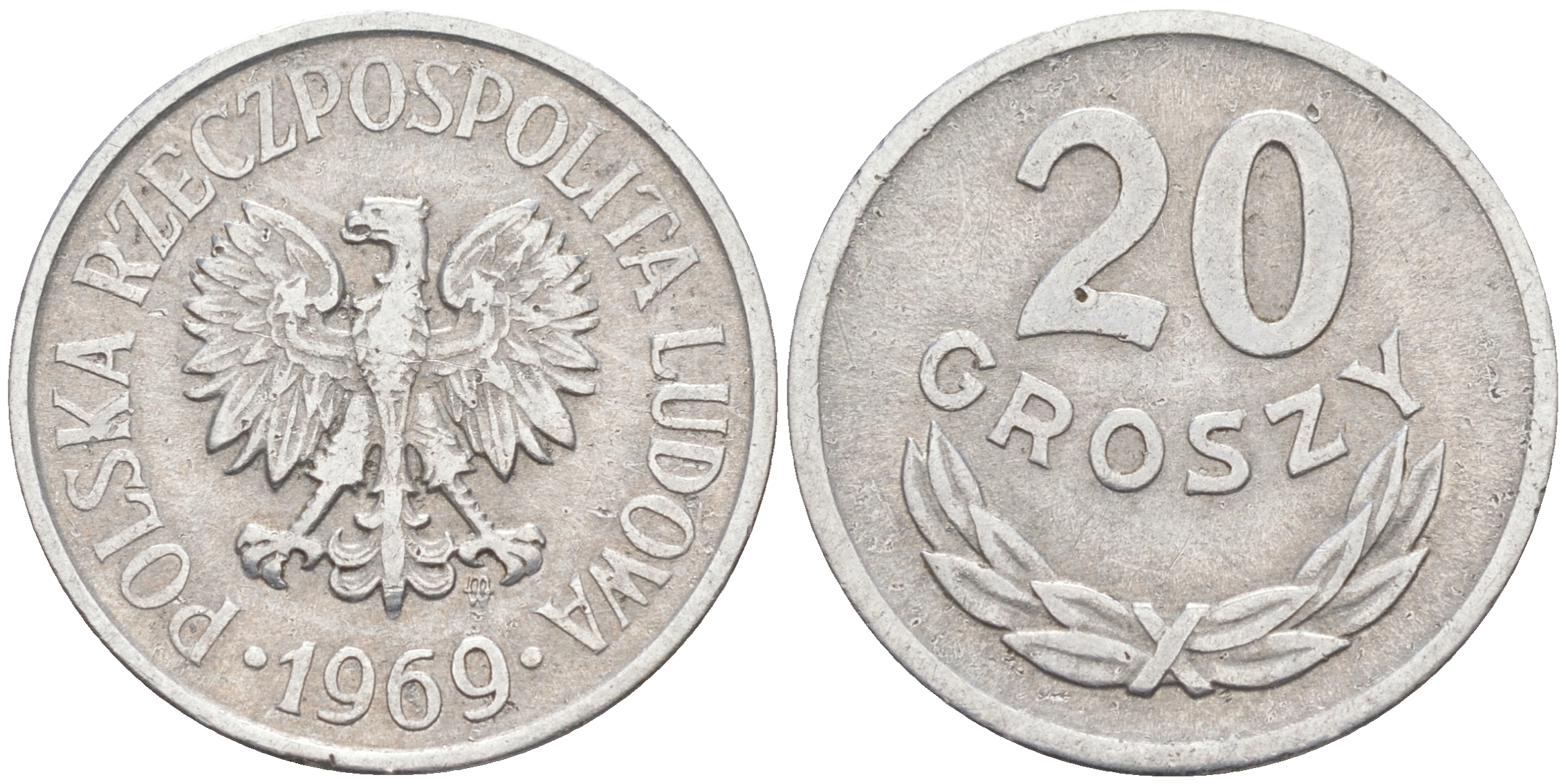 ПОЛЬША 20 ГРОШЕЙ 1969 MW KM A47 алюминий VF 190-143