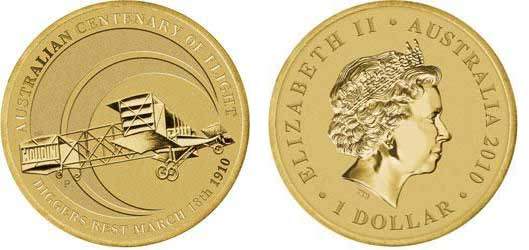 Австралия 1 доллар 2010 100 лет первого авиаполета в Австралии, биплан, самолёт KM 1382 алюминиевая бронза UNC M40-04