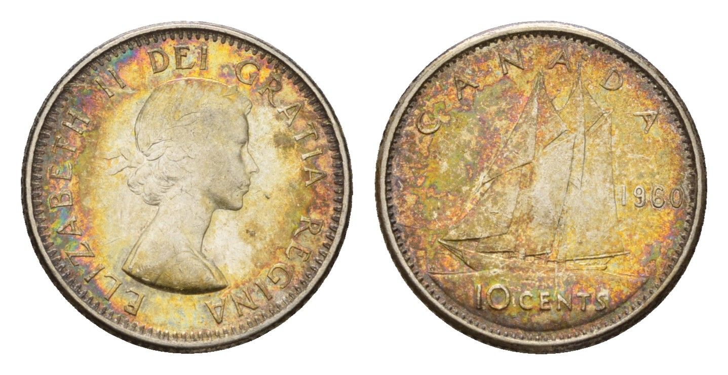 Канада 10 центов 1960 парусник, Елизавета II (1952-2022) KM 51 серебро 4669-641