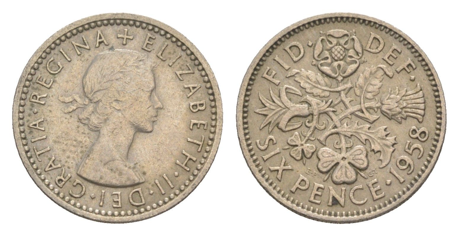 Великобритания 6 пенсов 1958 Елизавета II (1952-2022) KM 903, Spink 4149 медно-никель 4613-415