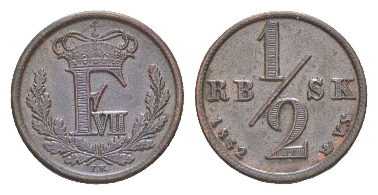 Дания 1/2 ригсбанкскиллинга 1852 Фредерик VII (1848-1863) KM 753 медь 603-734