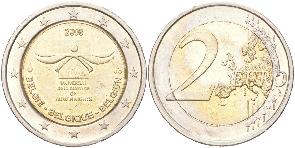Бельгия 2 евро 2008 60 лет Всеобщей Декларации Прав Человека KM 248 биметал aUNC 4155-126