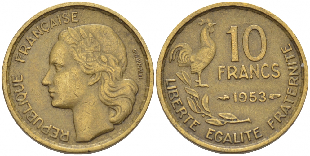 Франция 10 франков 1953 петух KM 915.1, Le Franc 363.8 алюминиевая бронза 112-838