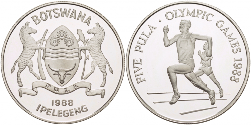 Ботсвана 5 пула 1988 XIV летние олимпийские игры в Сеуле, бег, тираж 25000 экз. КМ 21 серебро PROOF 04-011-23