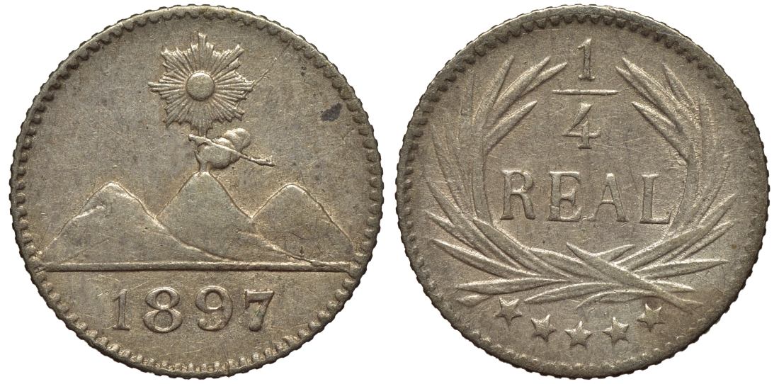 Гватемала 1/4 реала 1897 5 звезд, Испанское правление KM 162 серебро 4549-1128