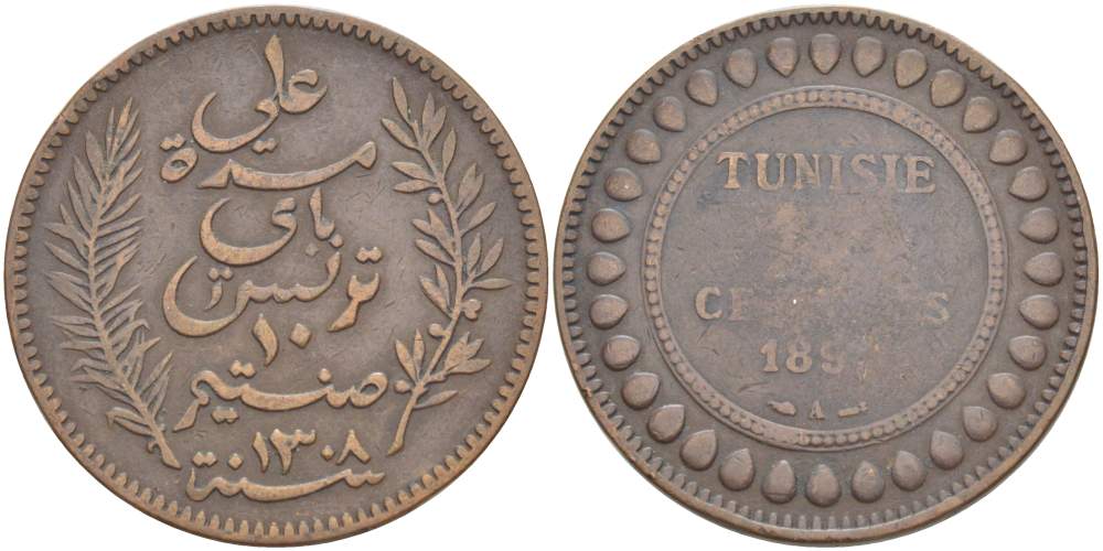 Тунис 10 сантимов 1891 АН 1308, Али III ибн аль-Хусейн KM 222 бронза 4526-145