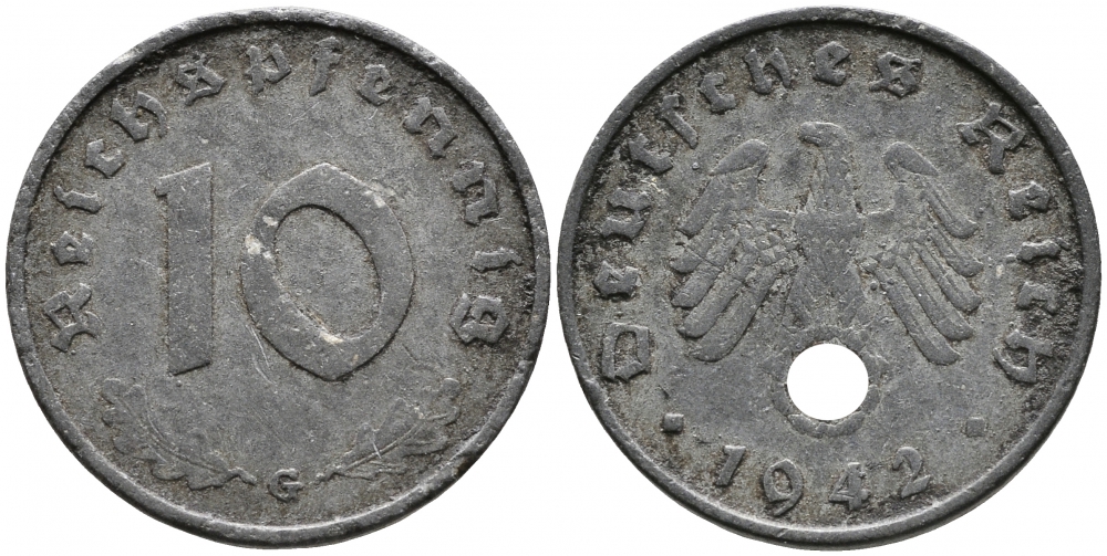 ГЕРМАНИЯ 10 РЕЙХСПФЕННИГОВ 1942 G KM 101, J 371 цинк 4525-1217