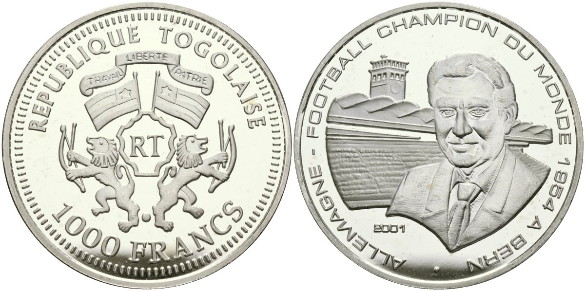 Того 1000 франков 2001 чемпионат мира по футболу 1954 в Швейцарии, Берн KM 36 серебро PROOF 00-000-00