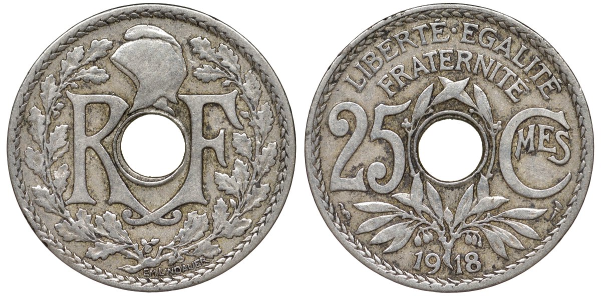 Франция 25 сантимов 1918 KM 867а медно-никель 51-2422