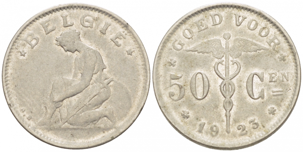 БЕЛЬГИЯ 50 САНТИМОВ 1923 BELGIE KM 88 никель 261-1665