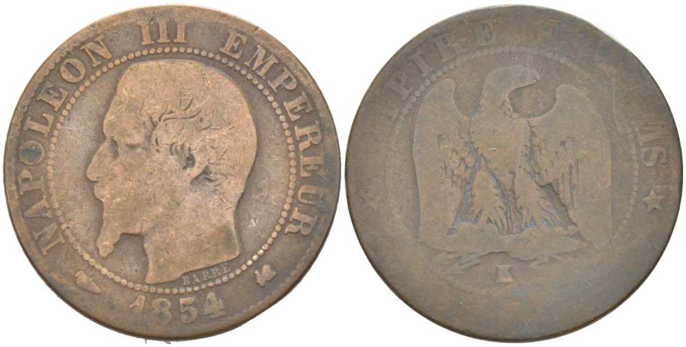 ФРАНЦИЯ 5 САНТИМОВ 1854 К, НАПОЛЕОН III (1852-1870) KM 777.5, LE FRANC 116.13 бронза 217-153
