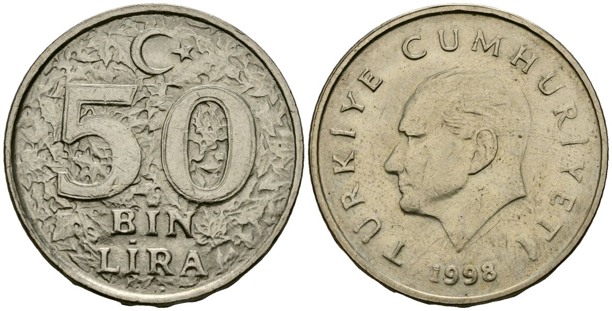 Турция 50000 лир 1998 KM 1056 медь никель цинк 4120-642