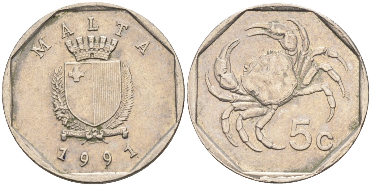 Мальта 5 центов 1991 краб KM 95 медно-никель 4387-1023