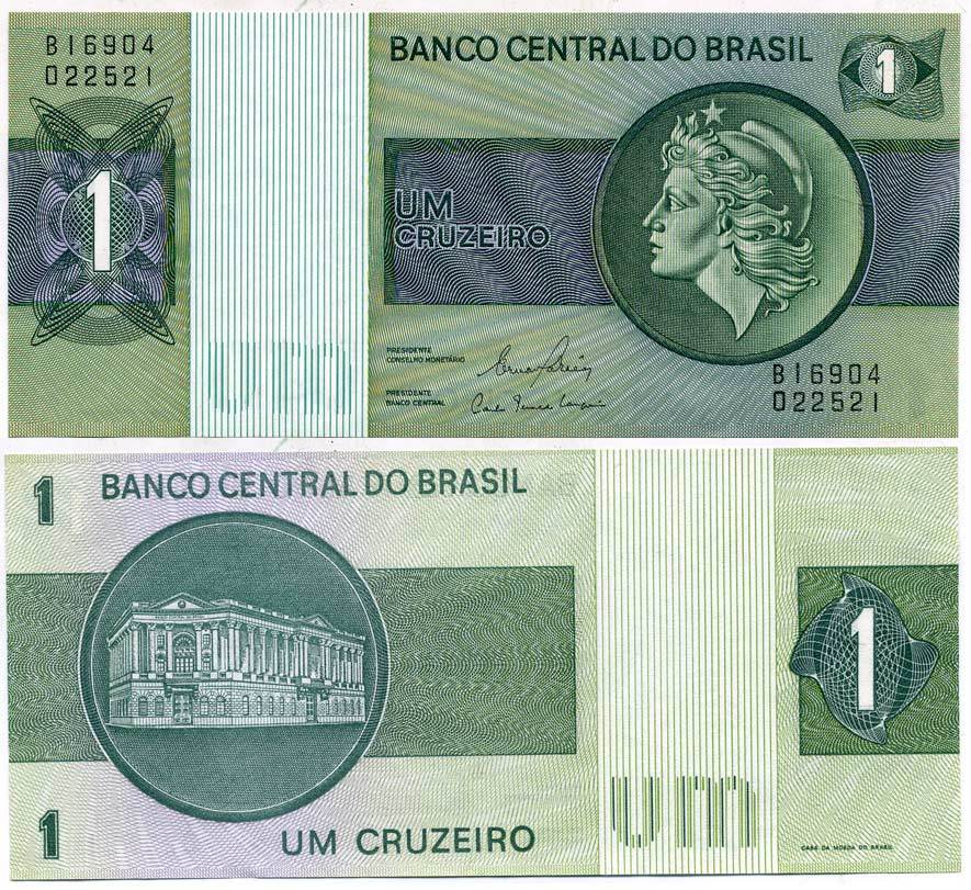 Бразилия 1 крузейро 1980 серия В 16904, подпись 20, голова свободы, здание Центрального банка Pick 191Ac  бумага  UNC (пресс) 435-33-3-1