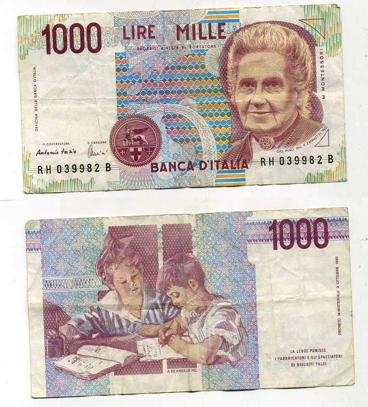Италия 1000 лир 1990 Мария Монтессори Pick 114c 70-40-2-1