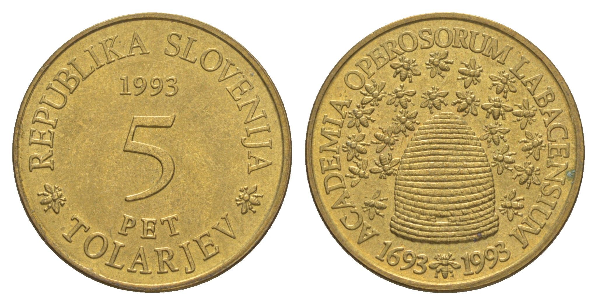 Словения 5 толаров 1993 300 лет Словенской Академии Наук и Искусств KM 12 латунь UNC 4571-153